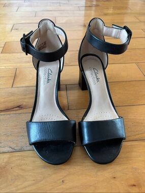 Clarks Black Leather Ankle-Strap Block Heels